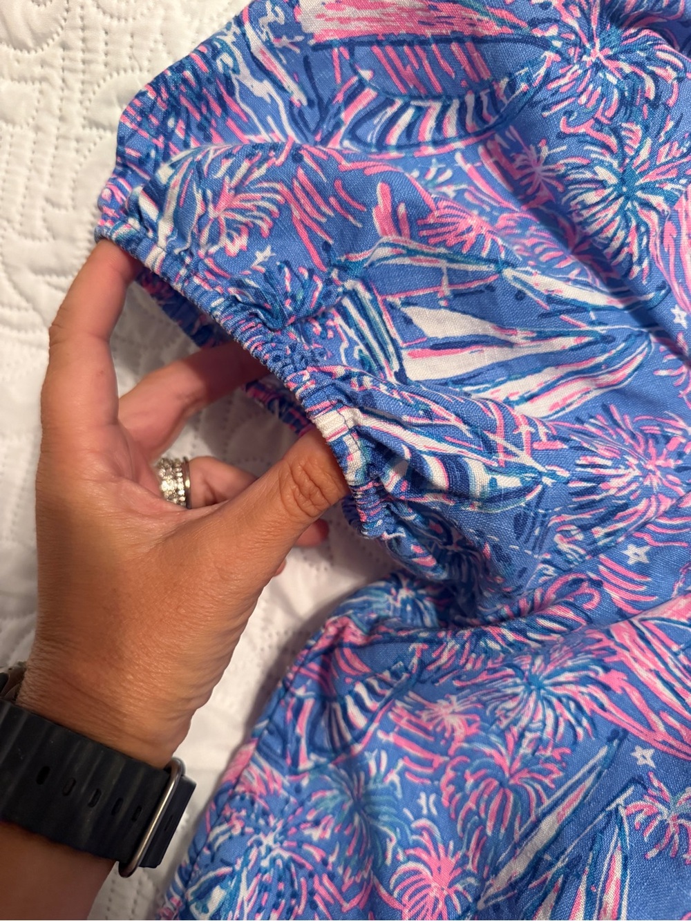 Lilly Pulitzer Blue & Pink Sailboat Smocked Off (or On) Shoulder Top - Picture 6 of 12
